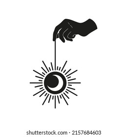 Human hand holding sunand moon, outline boho vector illustration