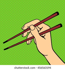 Human hand holding sushi sticks pose signal human fingers