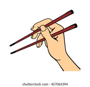 Human hand holding sushi sticks pose signal human fingers
