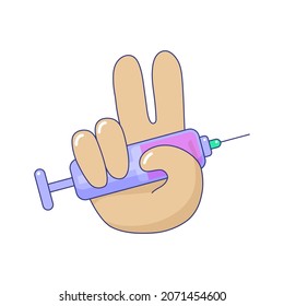 Human hand holding syringe doing victory sign gesture. medical syringe with a needle. Injection, immunization, treatment concept cartoon vector illustration isolated on white background