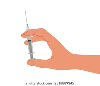 Mano humana que sostiene la jeringa y va a dar una inyección. Jeringa con medicamento, vacuna, producto cosmético. Cuidado de la salud, Ilustración vectorial de negocio médico en estilo plano aislado en blanco . 