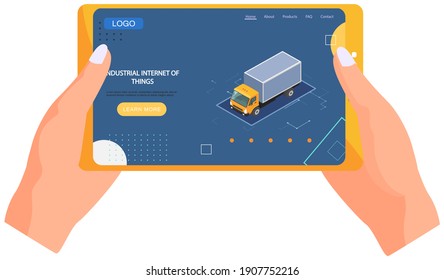 Human hand holding tablet pc with industrial internet of things webpage, smart logistics services, technologies of future. Site with track on blue background. Innovative industrial transportation