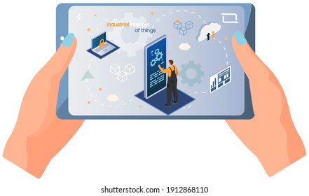 Human hand holding tablet pc with app showing modern technologies, male worker connecting with factory. Artificial intelligence. Engineer controls equipment with application and data transfer methods