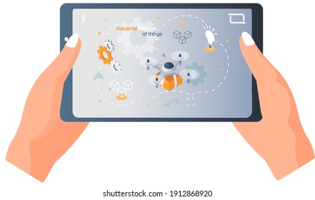 Menschliche Hand hält Tablet PC mit industriellem Internet der Dinge Webseite, intelligente Logistik Dienstleistungen. Cartoon-Drohne mit Packung. Moderne Technologien für die Lieferung, innovativer Transportmittel-Kompaktbauer