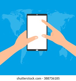 Human hand holding a tablet smartphone with point and touching a blank screen on world map blue background. Vector illustration flat design business technology concept. 