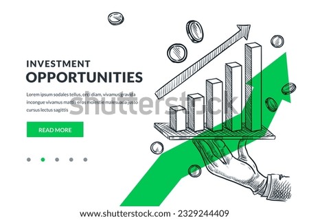 Human hand holding tablet with stock market statistics chart. Hand drawn vector sketch illustration. Businessman show profits on graphs. Investment business strategy financial planning growth concept