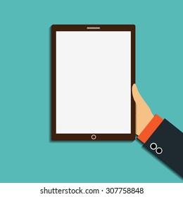 Human Hand Holding A Tablet With A White Screen. Stock Vector Image.