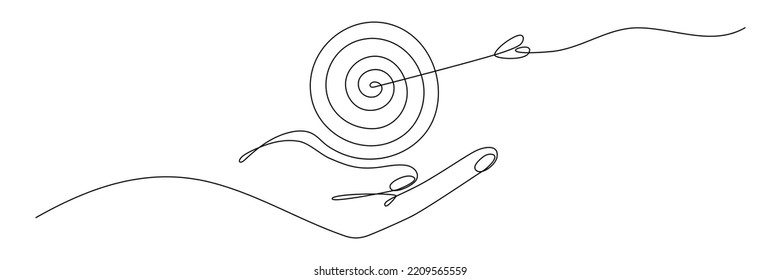 Human hand holding target with arrow continuous line drawing. Hand drawn linear goal circle. Save business strategy concept. Vector illustration isolated on white.	