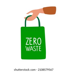 Human hand holding textile bag with Zero waste inscription. Green textile reusable shopping bag. Environmentally biodegradable textile bag. Colored flat cartoon vector illustration isolated.