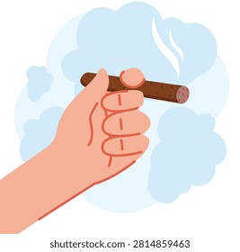 Human hand holding a thick brown burning tobacco cigar with smoke trail.