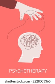 Human hand holding thread of chaos in the heads silhouette. Mental health.Psycho therapy concept. Therapist and patient. Vector illustration for psychologist blog or social media post