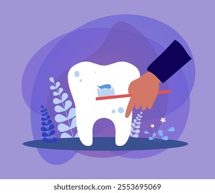 Human hand holding toothbrush with toothpaste to clean tooth. Tiny persons healthy dental care flat vector illustration. Oral hygiene, health concept for banner, website design or landing web page