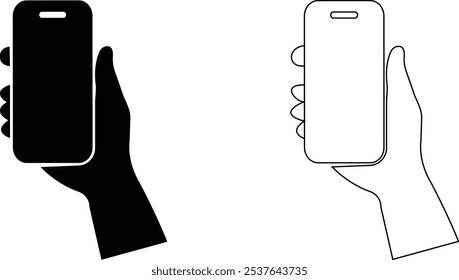 Mão humana segurando ícones de telefone celular touchscreen definido para maquete, comunicação, design de tecnologia de elemento vetor preto plano e coleção de linha isolada em fundo transparente.