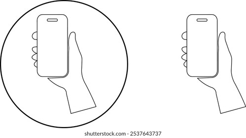 Mão humana segurando ícones de telefone celular touchscreen definido para maquete, comunicação, design de tecnologia de elemento vetor preto plano e coleção de linha isolada em fundo transparente.