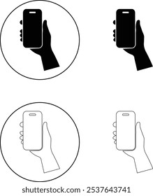 Mão humana segurando ícones de telefone celular touchscreen definido para maquete, comunicação, design de tecnologia de elemento vetor preto plano e coleção de linha isolada em fundo transparente.