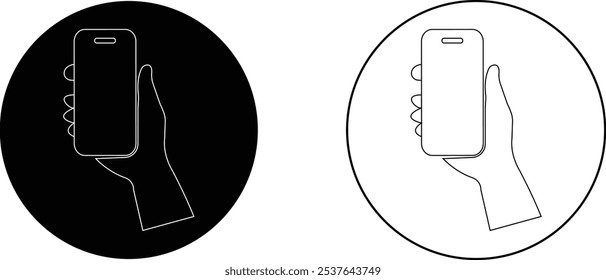 Mão humana segurando ícones de telefone celular touchscreen definido para maquete, comunicação, design de tecnologia de elemento vetor preto plano e coleção de linha isolada em fundo transparente.