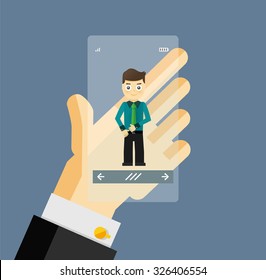 Human hand holding transparent screen smartphone with virtual assistant - businessman. Hi-tech flat design concept
