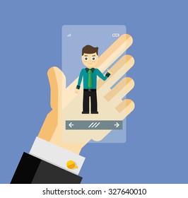 Human hand holding transparent screen smartphone with virtual assistant - businessman. Hi-tech flat design concept