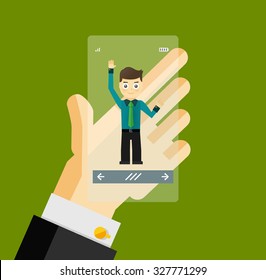Human hand holding transparent screen smartphone with virtual assistant - businessman. Hi-tech flat design concept