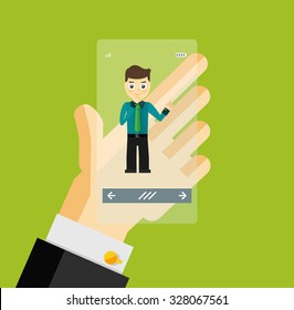 Human hand holding transparent screen smartphone with virtual assistant - businessman. Hi-tech flat design concept