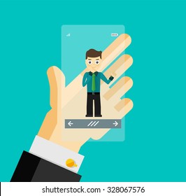 Human hand holding transparent screen smartphone with virtual assistant - businessman. Hi-tech flat design concept