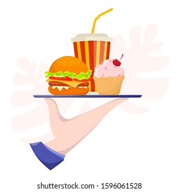 Human hand holding a tray with fast food. Unhealthy lifestyle concept. Soda, sweets and hamburger. Flat vector illustration