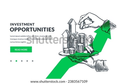 Human hand holding tray with stack of coins, gold, arrows. Hand drawn vector sketch illustration. Investment, saving money and finance growth business concept