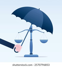 Human hand holding umbrella and covering scales. The concept of justice protection. fraud security with risk control and government regulation. Balance scale under protection. flat vector illustration