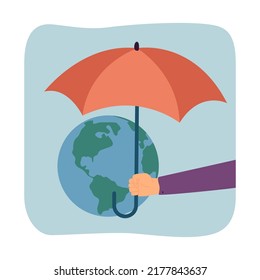 Human hand holding umbrella over planet flat vector illustration. Person protecting globe, taking care of environment. Ecology, protection concept for banner, website design or landing web page