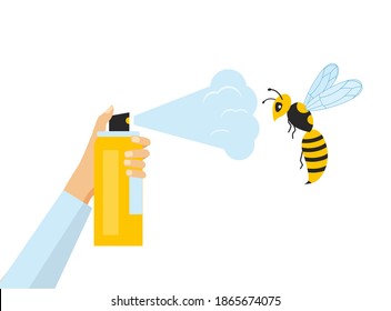 Mano humana y uso de insecticida. Botella de aerosol para el control de insectos y una avispa. Control de plagas, ilustración vectorial