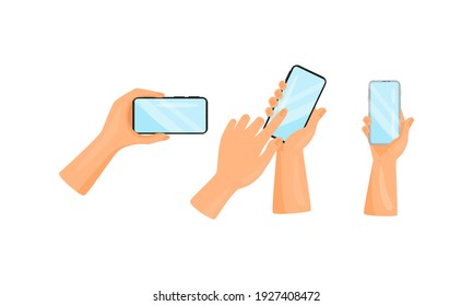 Human Hand Holding and Using Smartphone as Wireless Gadget with Sensory Display Vector Set