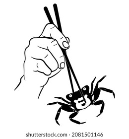 Mano humana sosteniendo el Cangrejo de vampiros con palillos. Geosesarma Tiomanicum. El concepto de marisco creativo. Silueta blanca y negra.