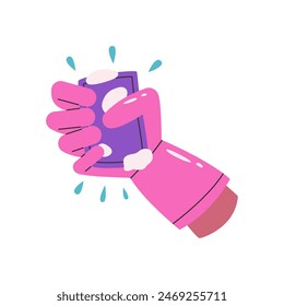 Human hand holding washing sponge. Cleaning tool. Clean home equipment. Flat vector illustration isolated on white background.
