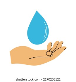 Human hand holding water drop clipart in flat line modern style with phrase Save Water concept. Ecology, recycle, environment concept. Hand drawn vector illustration for poster, banner, wall art.