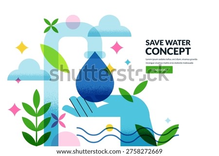 Human hand holding water drop under tap. Vector flat geometric environmental illustration. Clean water conservation, sustainability, hygiene and resource saving eco friendly design concept