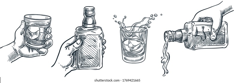 Human Hand Holding Whiskey Or Liquor Glass. Scotch Whisky Or Brandy Pouring Out Of Bottle. Vector Hand Drawn Sketch Illustration. Alcohol Drinks Isolated On White Background. Bar Menu Design Elements