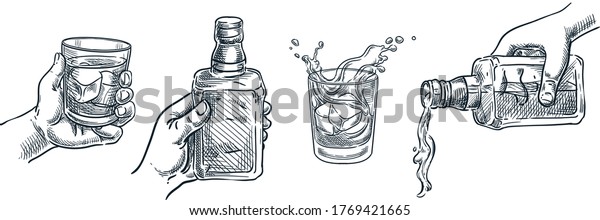 ウイスキーや酒類のグラスを持つ人間の手 スコッチ ウィスキーやブランデーがボトルから注ぎ出す ベクター手描きのスケッチイラスト 白い背景にアルコール飲料 バーメニューのデザインエレメント のベクター画像素材 ロイヤリティフリー