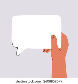 Human hand holding white speech bubble with space for copy, modern element for website or Landing Page banner and online business, trendy vector illustration, template isolated on grey background