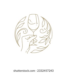 Mano humana sosteniendo goblet de vino en el marco del círculo botánico de la flor encaje de la línea romántica icono de la ilustración vectorial. Brazo con alcohol elegante bebida de vidrio premium diseño de borde de flor dorada minimalista