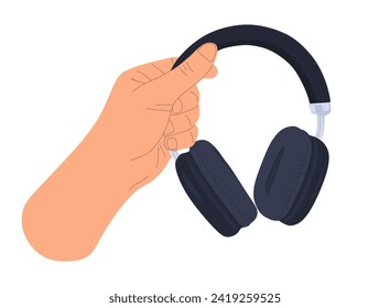 Mano humana con auriculares inalámbricos. Auriculares inalámbricos modernos, teléfonos móviles aislados. Dispositivo de audio, equipo de sonido electrónico. Accesorio para escuchar música. Ilustración de vector plano