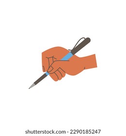 Human hand holding writing pen, flat cartoon vector illustration isolated on white background. Writing and stationery supplies for office, school and creativity.