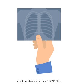 Human Hand Holding X-ray Image. Medicine And Healthcare Flat Concept Illustration. Hand, Lung Radiography. Vector Design Element For Medical, Anatomy, Surgery, And Xray Infographic.