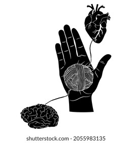 Human Hand Holding Yarn Ball With Its Threads Connecting Heart And Brain. Creative Concept. Link Between Mind And Emotions. Unravel Conflict. Black And White Silhouette.