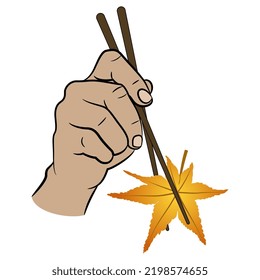 Human hand holding yellow autumn leaf of storax tree with chopsticks. Creative vegetarian food design. Isolated vector illustration.