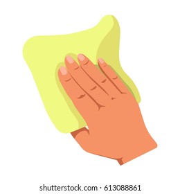 Human hand holding yellow duster isolated on white background