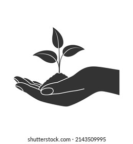 Human hand holding young plant. Nature protection and environmental friendly care symbol. Vector illustration