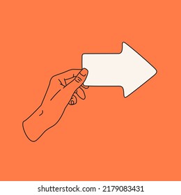 A human hand holds an arrow. Isolated object on an orange background. Trending vector graphics.
