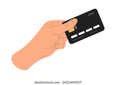 Human hand holds atm credit or debit card. Black plastic bank card in hand isolated on white background. Banking, finance, money and payment concept. Colored flat vector illustration