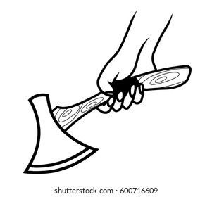 Human hand holds ax vector contour