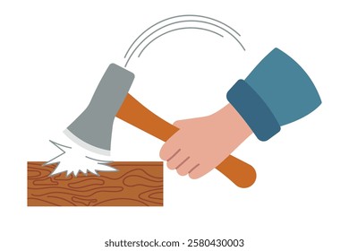 Human hand holds an axe and chops a wooden board with it. Vector flat illustration, construction, repair work concept, icon, sticker